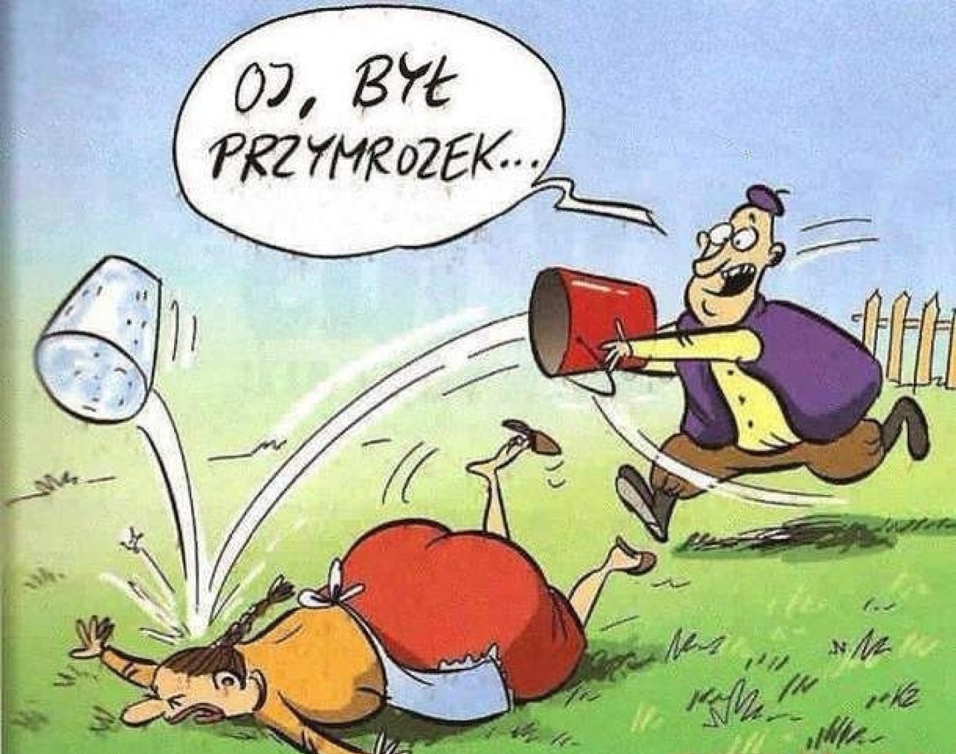 Mężczyzna biegnie z wiadrem wody